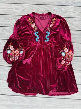 Girls Velvet Embroidered Burgundy Dress